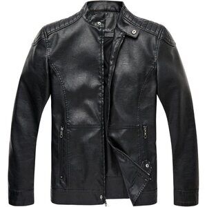 Men's Black Faux Leather Stand Collar Zipper Classic Slim Fit Biker Jacket